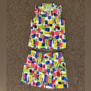 Ibkul Sleeveless Top with Ruffles AND Skirt with Shorts set Mondrian Multi Sz L